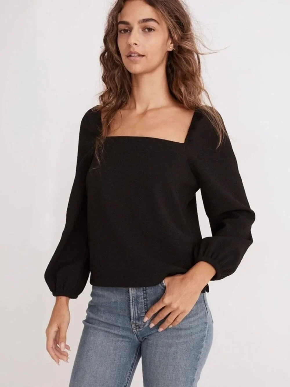 Madewell Crepe Square-Neck Puff-Sleeve Top in Black - size XXS